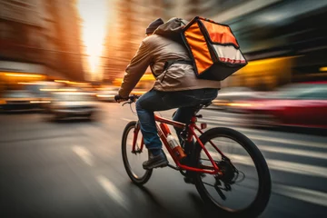Foto op Plexiglas Food delivery courier wearing thermal backpack riding a bike on the road to deliver orders and packages for customers. Motion blur. © MNStudio