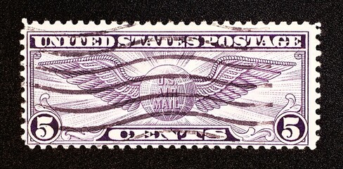 Rare Vintage 1930 5 cent U.S. Airmail Stamp Macro Photograph.