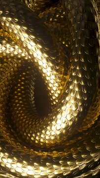 cycled 3d vertical video, abstract background with tangled golden snakes, shiny metallic dragon scales texture, unique wallpaper