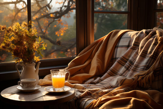 Cozy warm autumn composition with cup of hot tea, cozy plaid blanket and autumn leaves by a window on sunny day. Autumn home decor. Fall mood. Thanksgiving. Halloween.