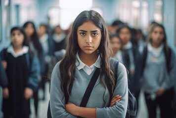 A solitary teenage girl stands in a school hallway, her eyes downcast, her posture and expression revealing signs of depression, stress, and the heavy weight of bullying. - obrazy, fototapety, plakaty
