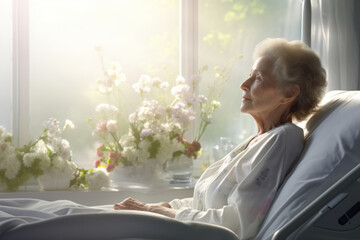 Lonely senior woman lying on white sheets in hospital ward. Elderly woman in hospital bed by the window. Bright sunny room. - obrazy, fototapety, plakaty