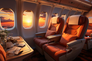 Luxury interior of a business jet. First class seats in commercial airlines plane. Sunset light in an aircraft.