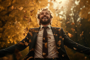 Cheerful businessman wearing suit feeling happy in autumn forest. Beautiful sunset on beautiful fall day. Taking a break from work.