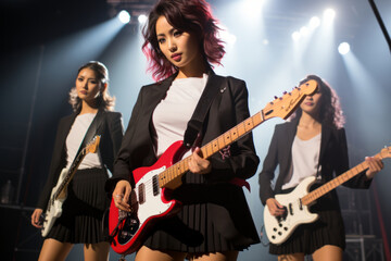 Obraz premium Beautiful Korean girls band playing guitars and singing on stage. Female Asian musicians performing on stage in colorful spotlight. Popular teenage performers concert.