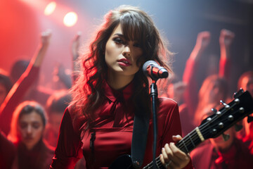 Beautiful Korean girls band playing guitars and singing on stage. Female Asian musicians performing on stage in colorful spotlight. Popular teenage performers concert.