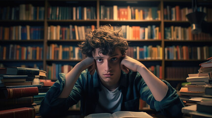 Tired male student holding his head while sitting in library against the backdrop of the book shelf.