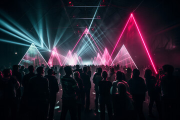 Crowd watching a laser show at a nightclub. People participating in music event with lasers. - obrazy, fototapety, plakaty