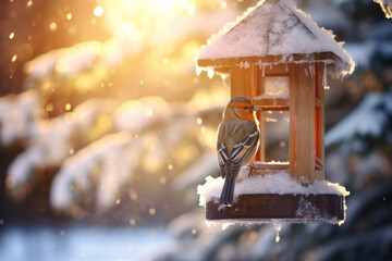 Snow covered birdhouse on sunny winter day. Bird feeder hanging from a tree. Wooden bird house with small bird sitting in it during winter. - obrazy, fototapety, plakaty