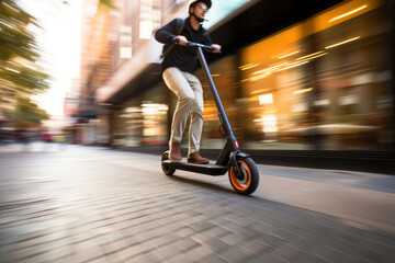 Man riding kick scooter at high speed on city street. Violating speed limits while riding a scooter. Safety in the city. Motion blur. - obrazy, fototapety, plakaty