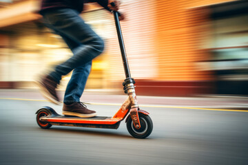 Man riding kick scooter at high speed on city street. Violating speed limits while riding a scooter. Safety in the city. Motion blur. - obrazy, fototapety, plakaty