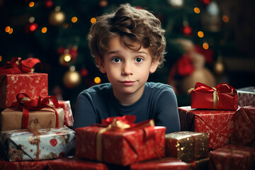 Cute little boy surrounded with his Christmas presents. Giving excessive amounts of gifts instead of attention and quality time. Parenting problems. - obrazy, fototapety, plakaty