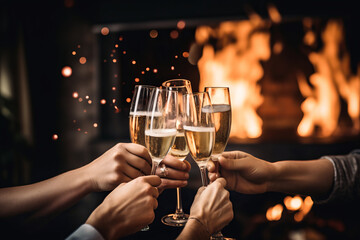People celebrate and raise glasses of champagne for toast. Group of man and woman cheering with wine. Celebrating New Year's Eve.