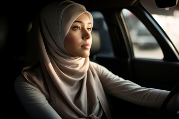 Beautiful Muslim woman wearing hijab driving a car. A girl with a headscarf holding a steering wheel. - obrazy, fototapety, plakaty
