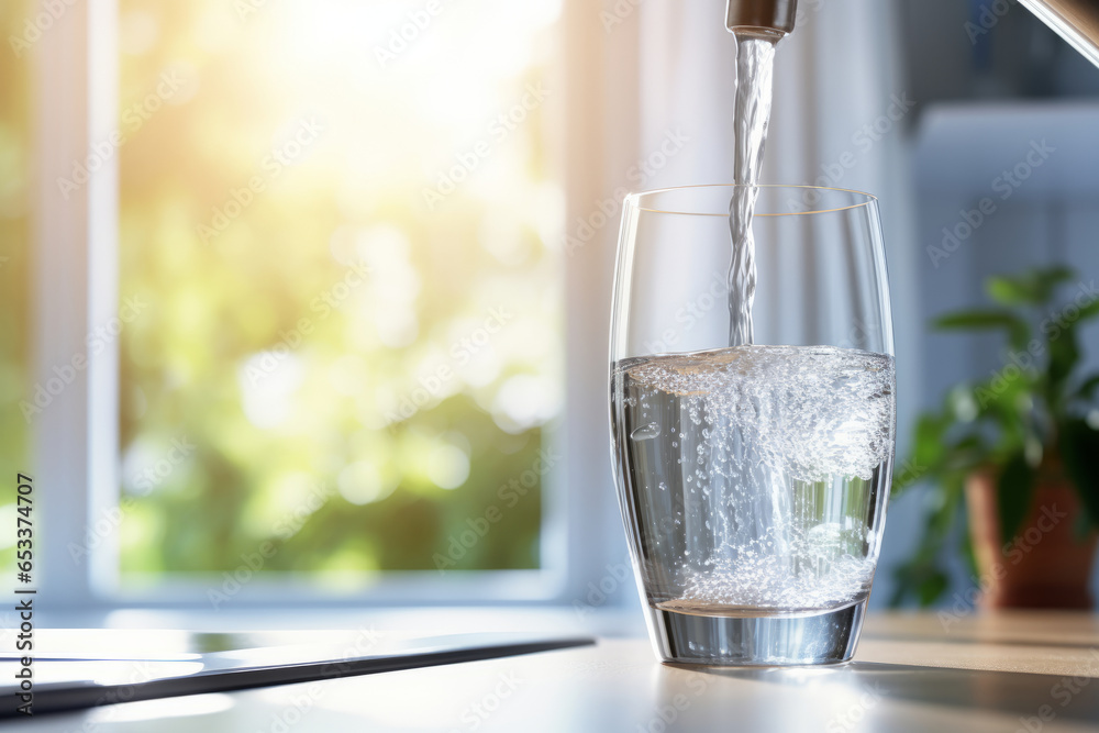 Wall mural Filling up a glass with clean drinking water from kitchen faucet. Safe to drink tap water.