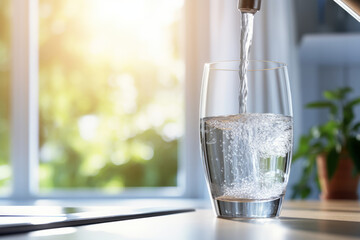Filling up a glass with clean drinking water from kitchen faucet. Safe to drink tap water. - Powered by Adobe