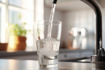 Filling up a glass with clean drinking water from kitchen faucet. Safe to drink tap water. - obrazy, fototapety, plakaty