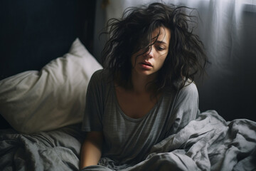 Depressed young woman struggling to fall asleep. Sad girl awake in the night, exhausted and suffering from insomnia. Sleep deprivation problem.