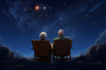 Lovely senior couple sitting in lounge chairs stargazing under starry sky. Hobbies and leisure for elderly people.