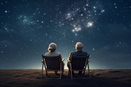 Lovely senior couple sitting in lounge chairs stargazing under starry sky. Hobbies and leisure for elderly people.