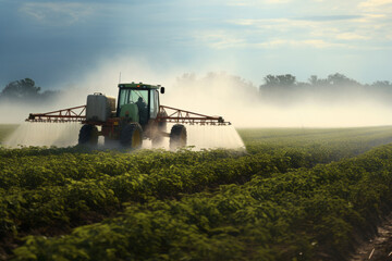 Naklejka premium Tractor spraying pesticides at soy bean fields. Soybean fields being sprayed with pesticides. Agriculture.