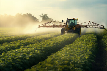 Fototapeta premium Tractor spraying pesticides at soy bean fields. Soybean fields being sprayed with pesticides. Agriculture.