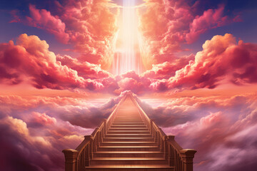Stairway through the clouds to the heavenly light. Staircase leading to heaven.