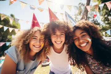 Three cheerful teenage friends wearing paper hats celebrating birthday outdoors with colorful confetti and balloons. Teen birthday party in a backyard. - obrazy, fototapety, plakaty
