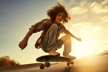 Teenage skater riding on a skateboard in urban area on sunny summer evening. - obrazy, fototapety, plakaty