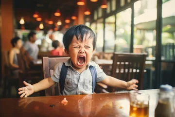 Keuken spatwand met foto Toddler having a temper tantrum in a restaurant or cafe. Sad child screaming in anger in public. Kid misbehaving crying loudly. © MNStudio