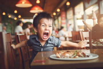 Toddler having a temper tantrum in a restaurant or cafe. Sad child screaming in anger in public. Kid misbehaving crying loudly. - obrazy, fototapety, plakaty