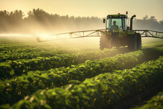 Fototapeta Tractor spraying pesticides at soy bean fields. Soybean fields being sprayed with pesticides. Agriculture.