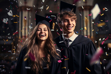 Obraz premium Two cheerful college graduates wearing graduate caps celebrating on sunny day. Beautiful young people in a college yard. Education for young people.