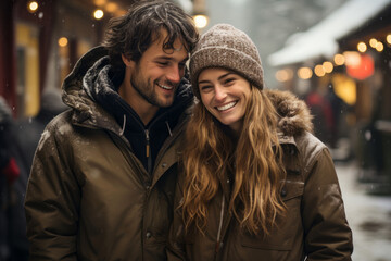 Beautiful traveler couple with backpacks exploring small Austrian town at winter. Man and woman...