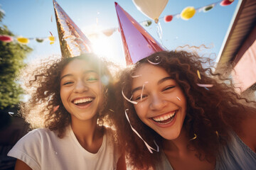 Two cheerful teenage friends wearing paper hats celebrating birthday outdoors with colorful confetti and balloons. Teen birthday party in a backyard. - obrazy, fototapety, plakaty