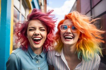 Two young cheerful women with rainbow color dyed hair feeling happy on sunny summer day. Trendy hairstyle concept. - obrazy, fototapety, plakaty