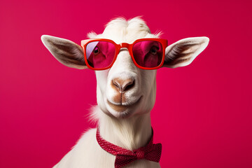 White goat wearing pink sunglasses on pink background.