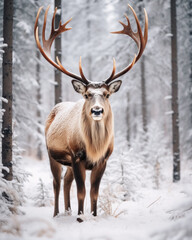 Single noble male deer with large beautiful horns stands against background of winter snowy landscape. 