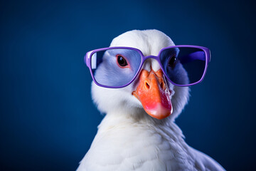 White goose wearing blue sunglasses on blue background.