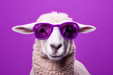 Poster White sheep wearing purple sunglasses on purple background. © MNStudio