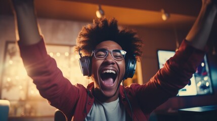 Gamer celebrating a victory with their hands in the air