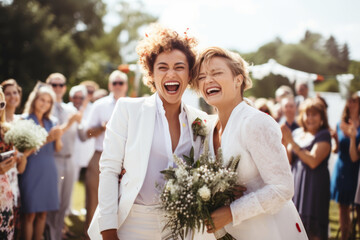 Happy cheerful lesbian brides hugging on their wedding day. Female gay couple surrounded with flowers. Homosexuality, same-sex marriage and love concept. - obrazy, fototapety, plakaty