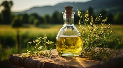 Vegetable oil in a glass bottle, rice oil is used for frying meat and seafood, and stewing vegetables. Salad preparation fat. Healthy salad dressing. Rice germ oil, - obrazy, fototapety, plakaty