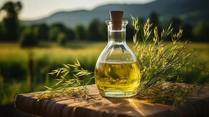 Poster Vegetable oil in a glass bottle, rice oil is used for frying meat and seafood, and stewing vegetables. Salad preparation fat. Healthy salad dressing. Rice germ oil, © Marynkka_muis_ua