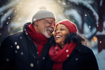 Beautiful cheerful senior couple having fun together in wintertime at snowfall. Beautiful sunset in...