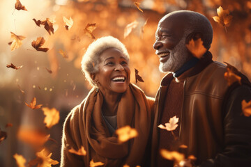Beautiful cheerful senior couple having fun together in autumn forest. Beautiful sunset on beautiful fall day. Spending quality time together, active leisure.