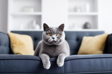 One beautiful british shorthair cat sits on gray sofa in living room and looks in camera. 