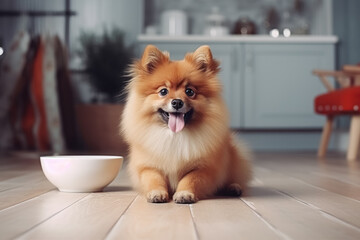 Portrait beautiful fluffy red mini dog german spitz lies and looking in camera near bowl for food in the kitchen. 