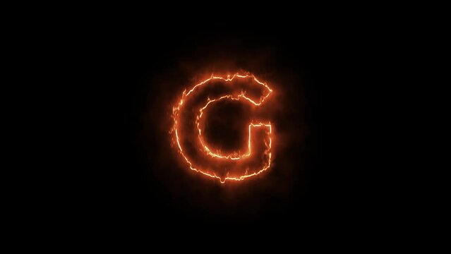 Fire alphabet letters G isolated, outline fire and glowing on black background