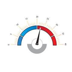 Speedometer, gauge meter icons. Vector scale, level of performance. Speed dial indicator . Green and red, low and high barometers, dashboard with arrows.